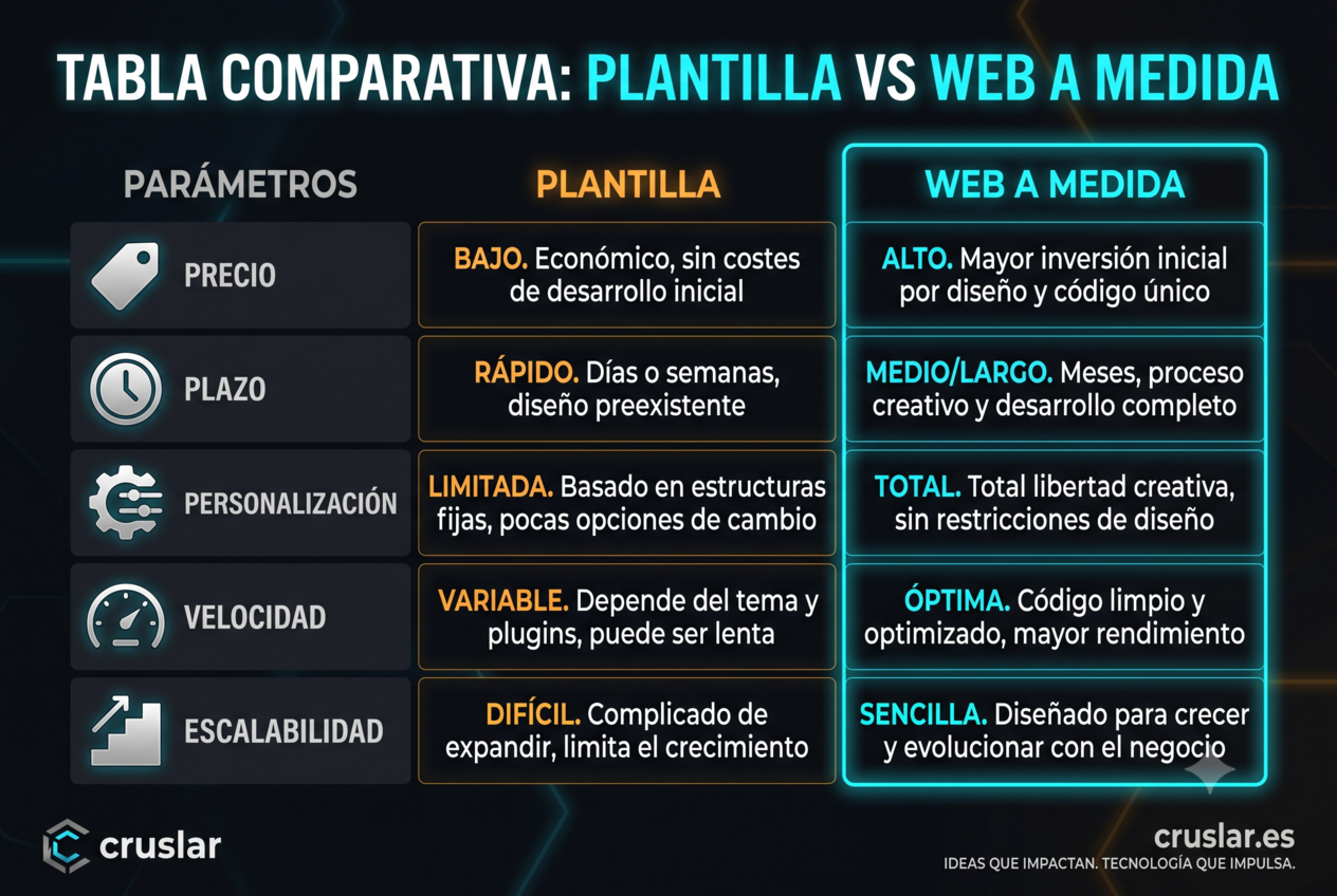 Comparativa de web a medida o plantilla en precio, plazo y escalabilidad